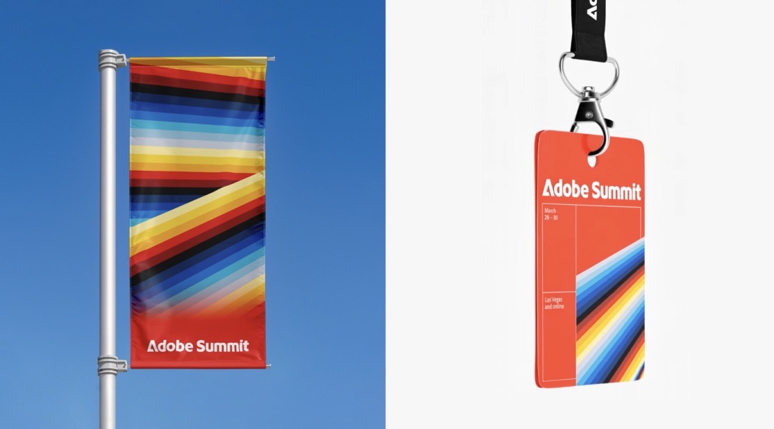 Adobe Summit identity applied to an event flag and conference badge