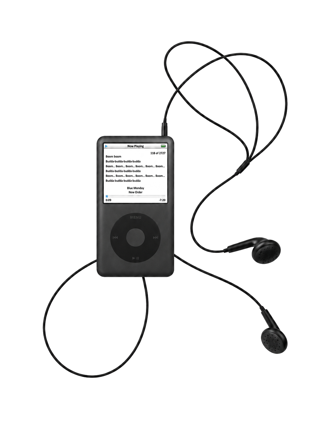 Black iPod with a complete pair of wired headphones